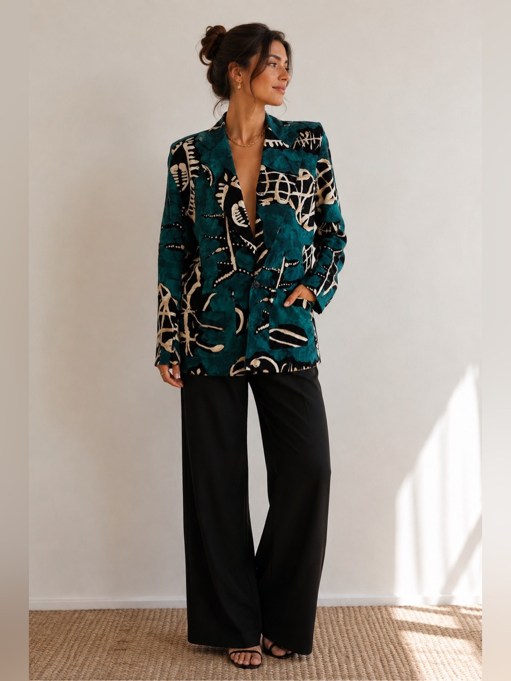 Vintage Teal Abstract Patterned Women's Blazer Jacket